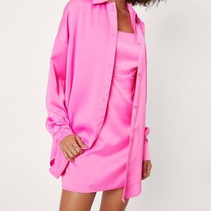 Nasty Gal Pink Satin shirt and dress set